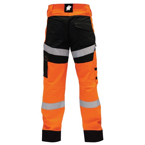 BISON RIPSTOP COTTON TROUSER WITH HIVIS TAPE - ORANGE/BLACK REAR