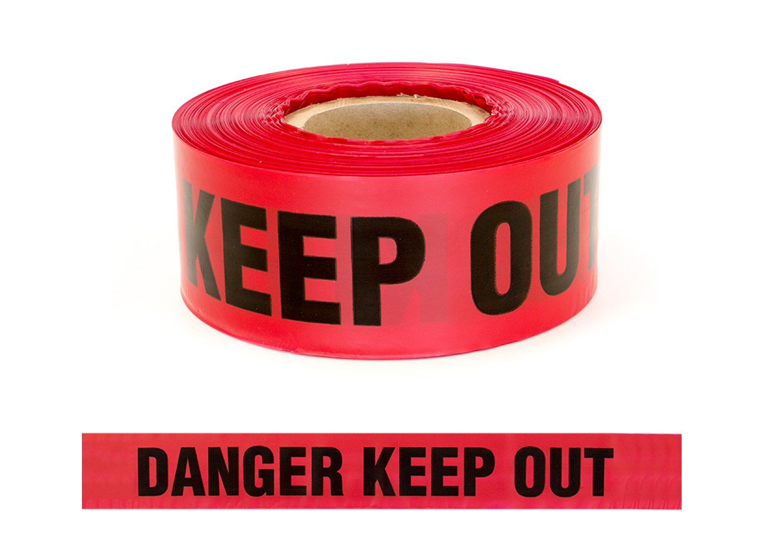 Roll of red warning tape with 'KEEP OUT' text on a white background