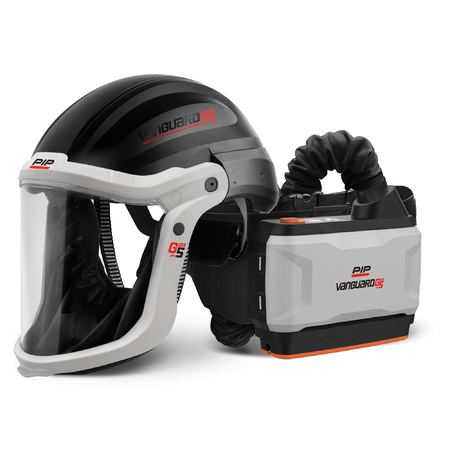A Vanguard PAPR helmet with an integrated clear face shield, shown alongside a matching Vanguard blower and hose on a clean white background.