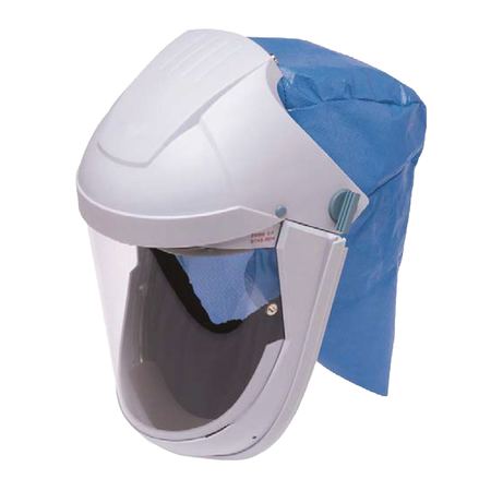 A white supplied air face shield helmet with a clear visor and a blue protective hood cover, shown against a plain white background.