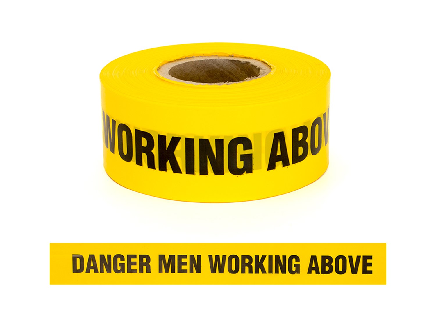 Roll of yellow safety tape with black text on a white background