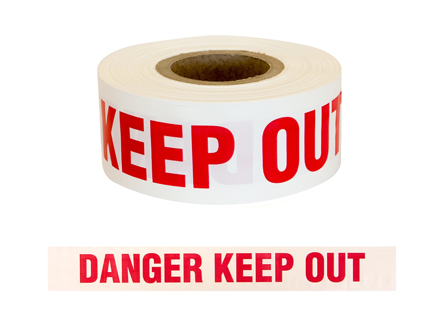 Roll of warning tape with 'KEEP OUT' and 'DANGER KEEP OUT' text on a white background