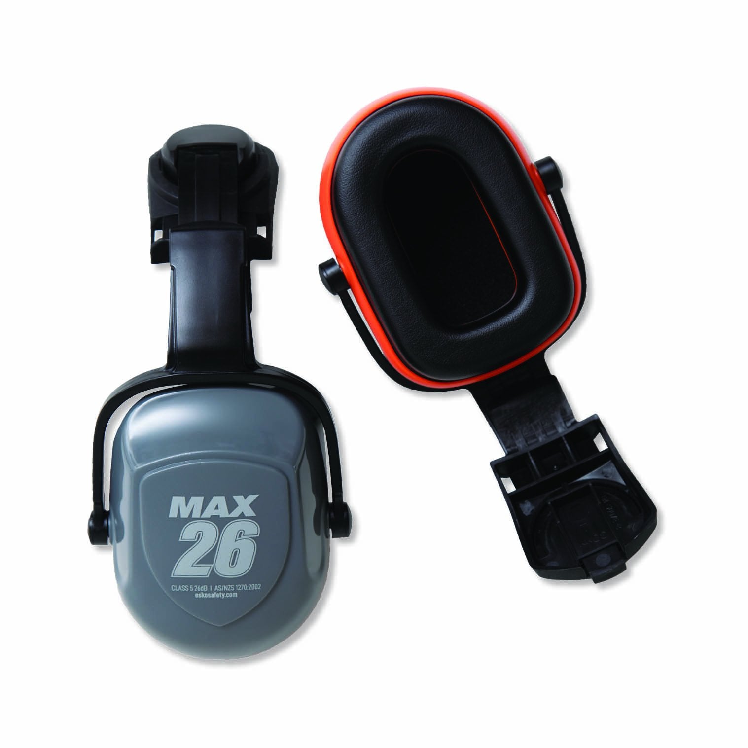 A pair of over-ear hearing protection earmuffs with a gray outer cup, black headband, and red inner lining accents, shown on a plain white background.
