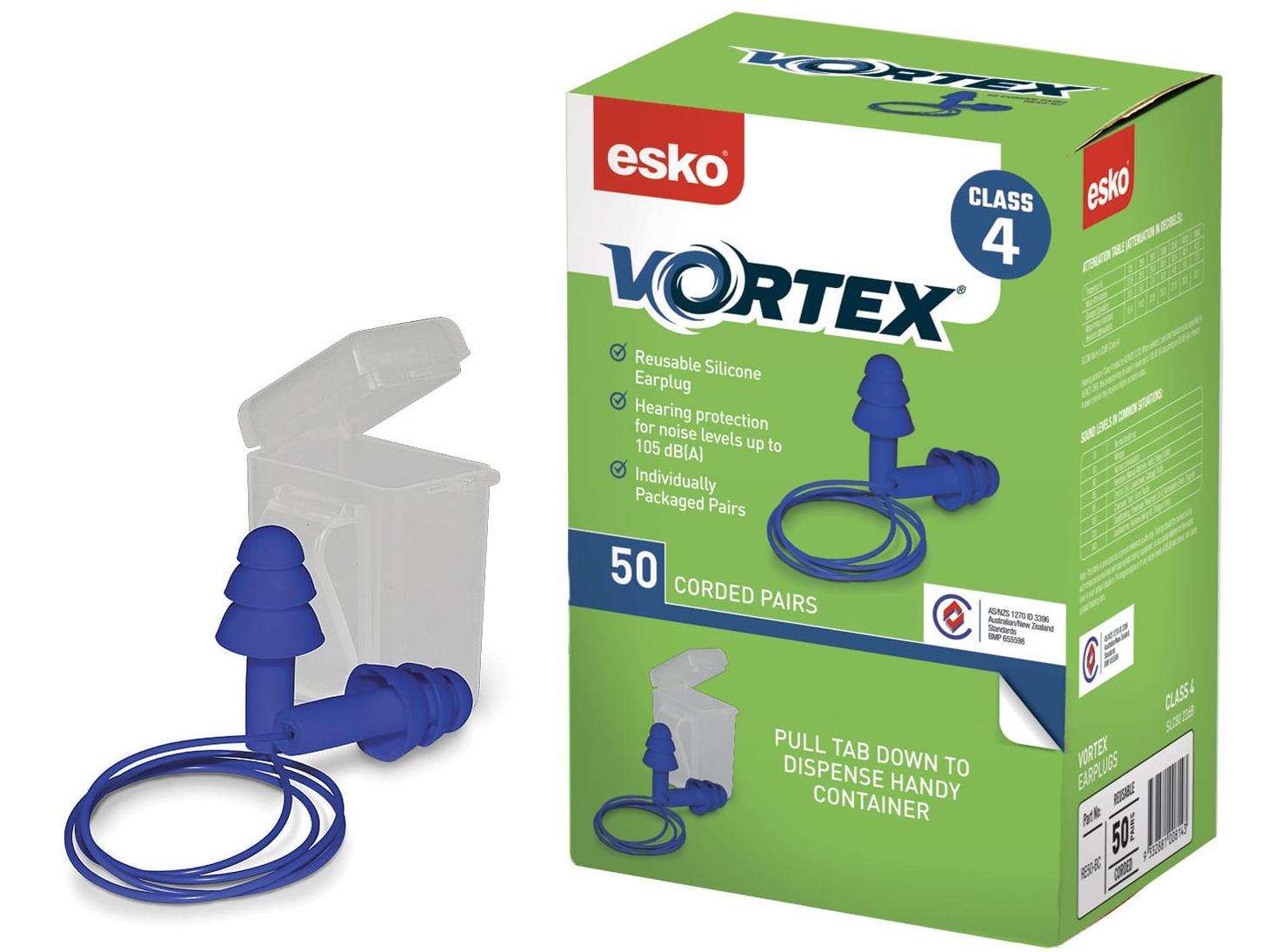 Esko Vortex Reusable Earplugs - Box 50 Pairs
