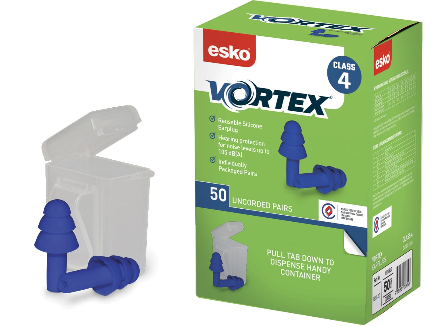 Esko Vortex Reusable Earplugs - Box 50 Pairs