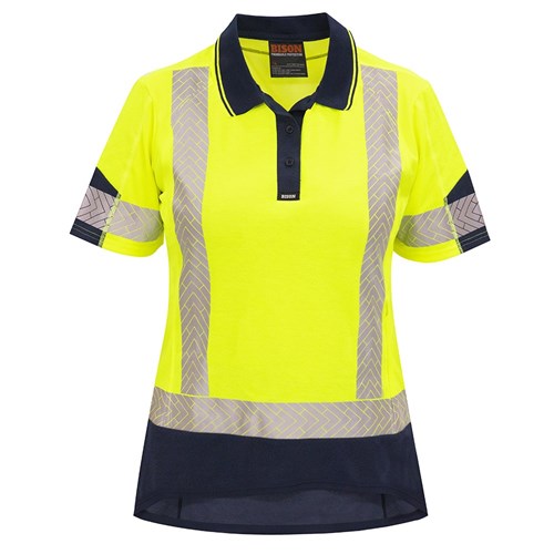 BISON WOMEN'S DAY/NIGHT QUICK-DRY COTTON BACKED POLO - YELLOW/NAVY FRONT