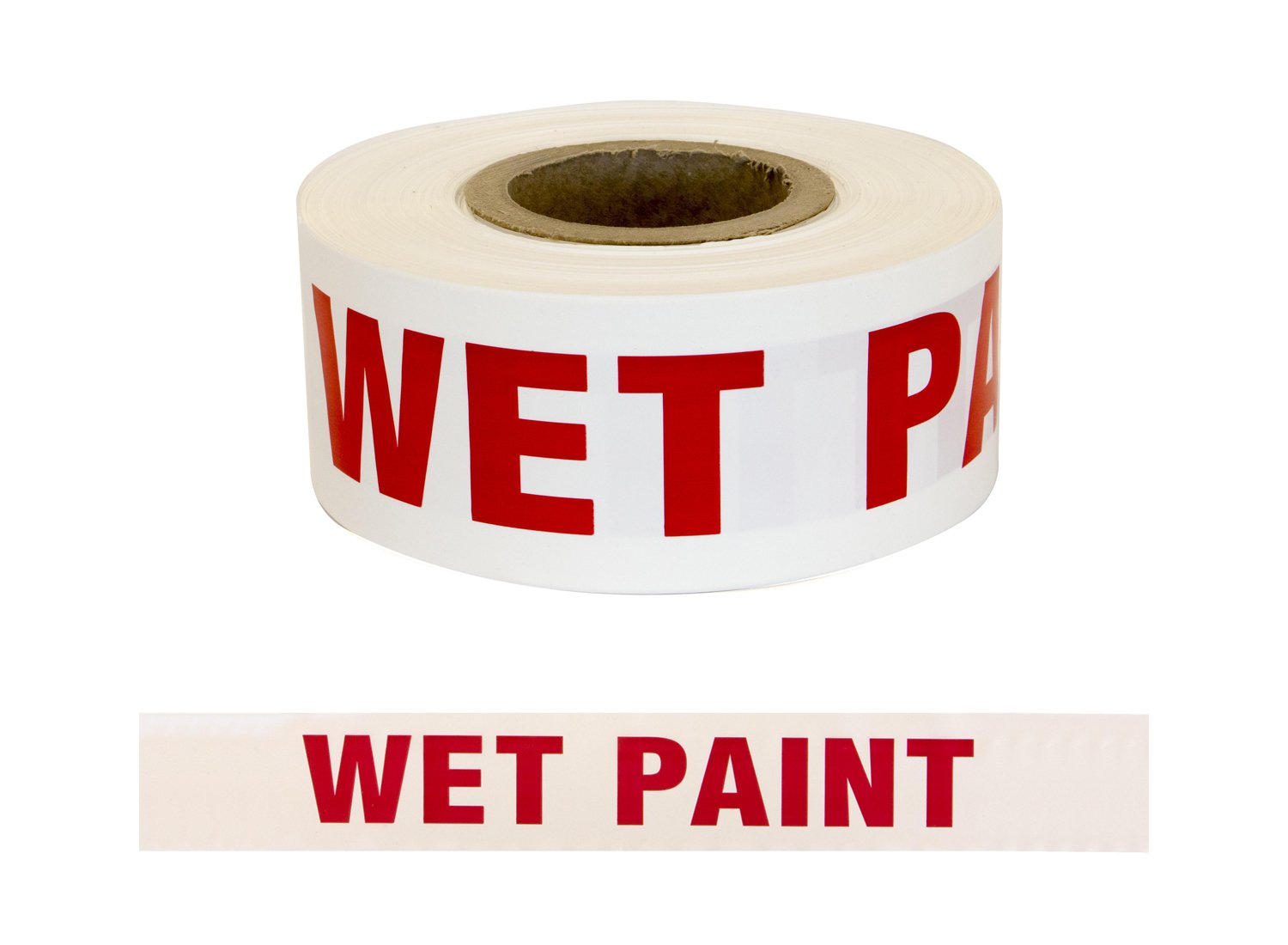 Roll of 'Wet Paint' tape with red text on a white background