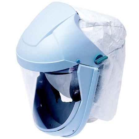 Blue protective supplied air respirator helmet with clear visor on a white background