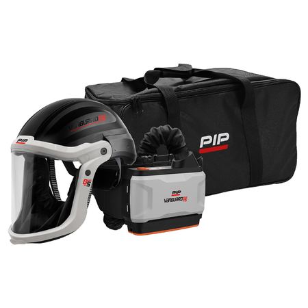 A PIP VANGUARD 3 full-face PAPR helmet with a clear visor, shown alongside a black carrying bag and a gray and black VANGUARD 3 face shield unit on a white background.