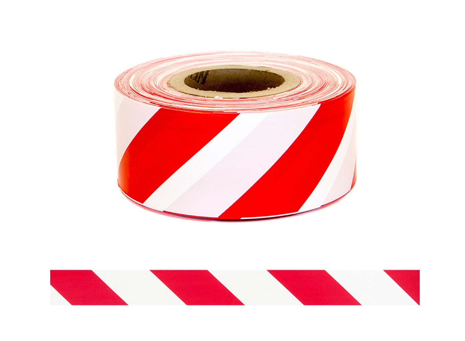 Roll of red and white striped tape on a white background