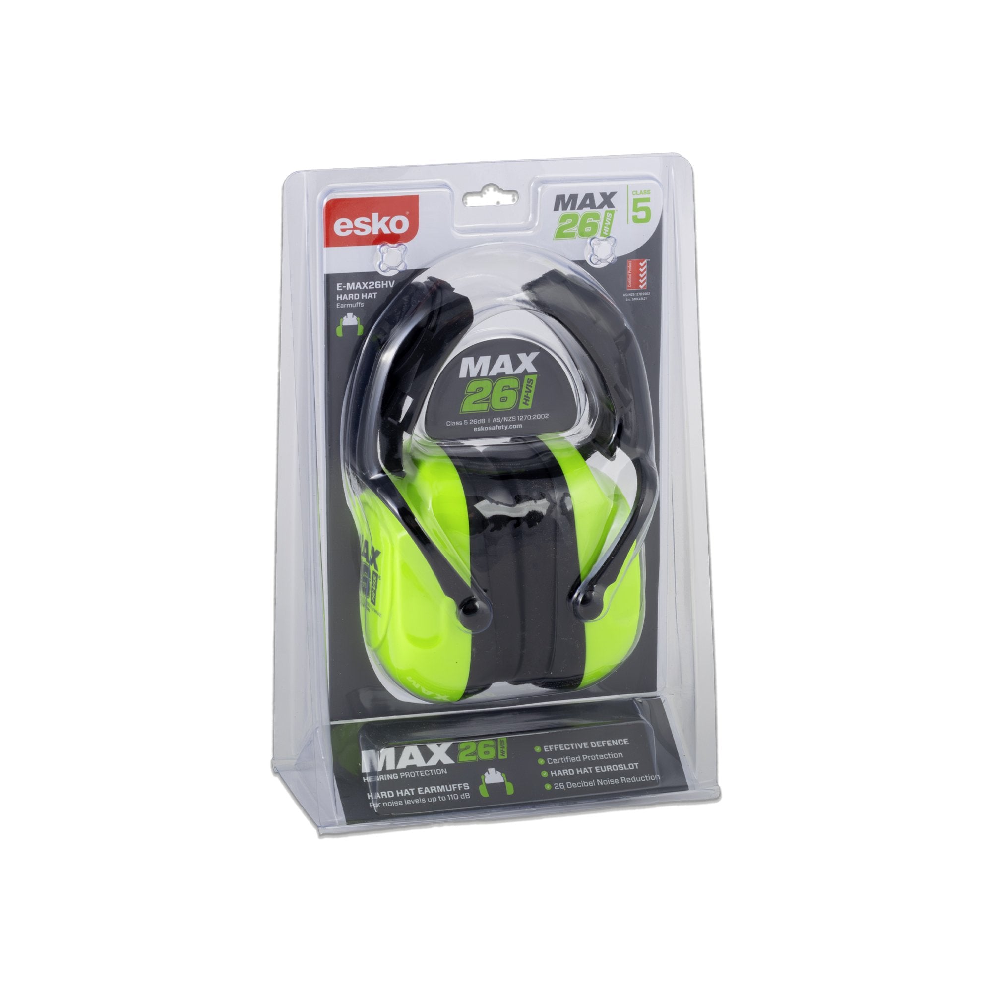 Esko Max 26i 5-piece hearing protection earmuffs in neon green and black, packaged in a clear plastic blister pack with a branded cardboard backing.
