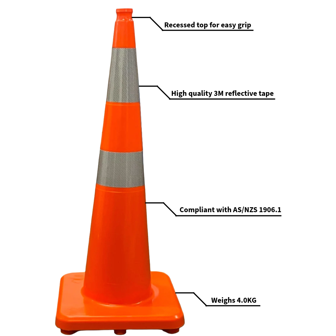 Orange traffic cone with reflective tape and labeled features on a white background