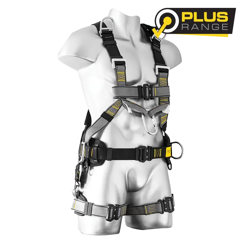 Zero Rigger All purpose construction and rescue harness on a mannequin with Plus Range logo