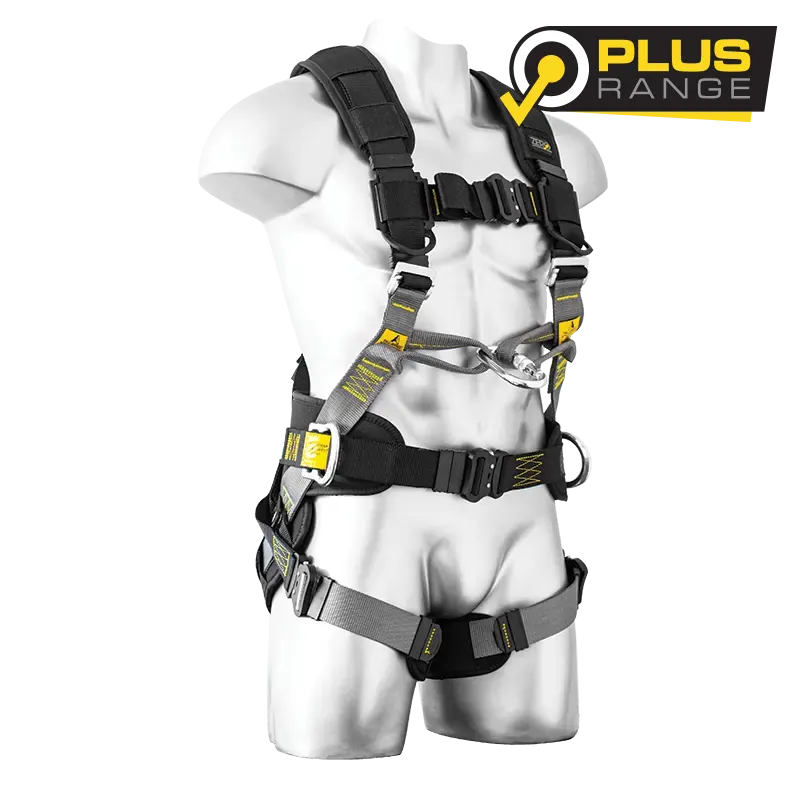 Zero Superior Multi-purpose harness with positioning belt on a mannequin with Plus Range logo