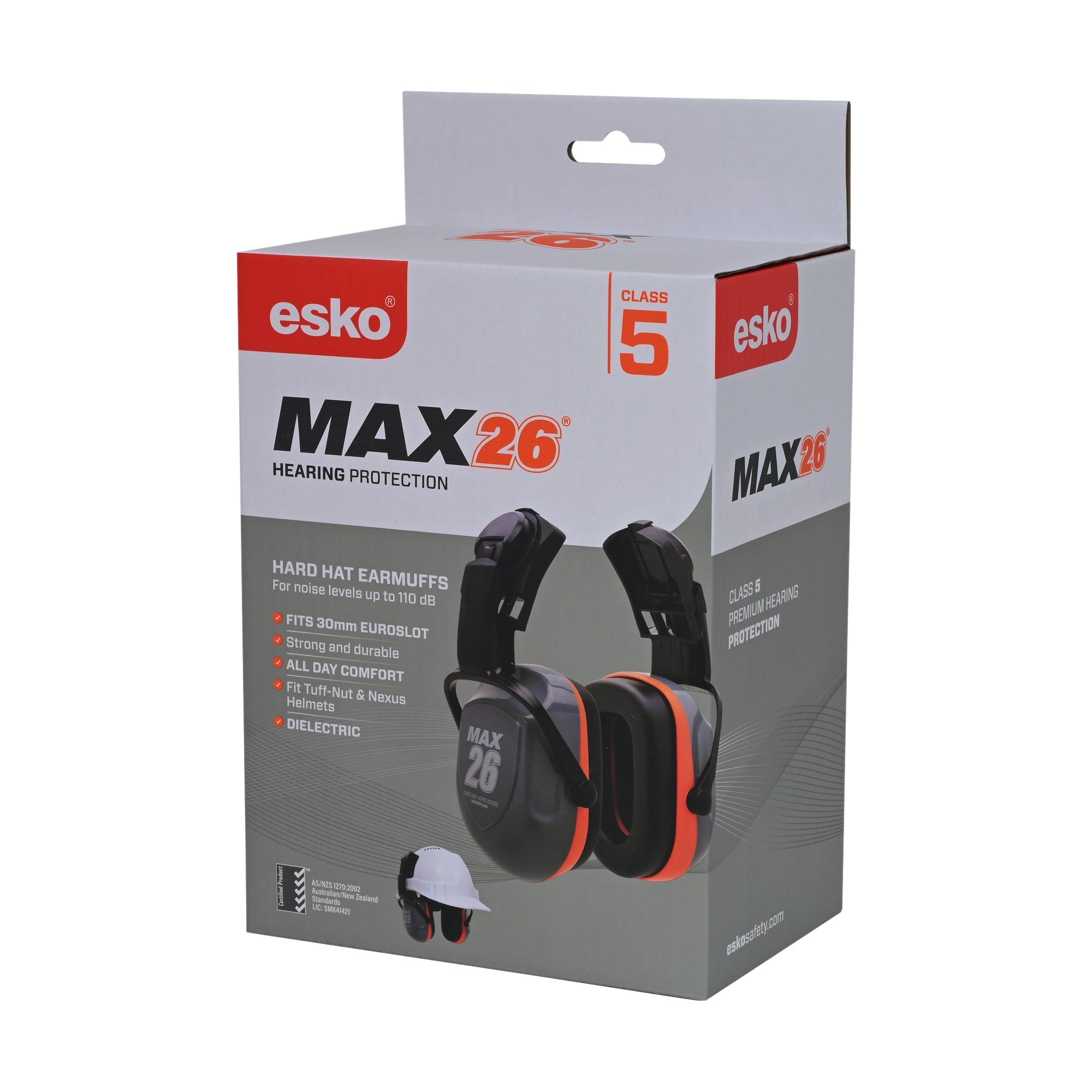 A retail box of Esko Max26 Hearing Protection hard hat earmuffs, shown at a three-quarter angle on a plain white background.